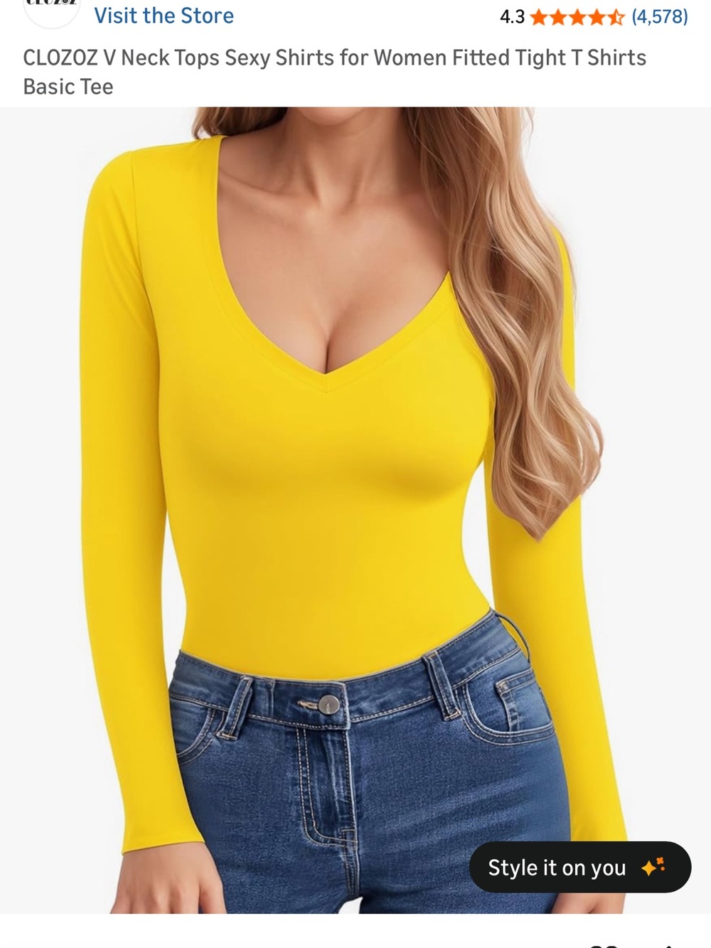 Amazon Women's Yellow V-Neck Long Sleeve Top